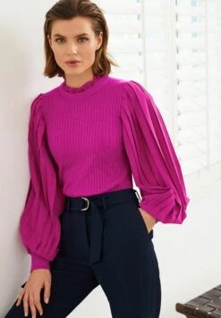 Next Ruffle Neck Pleated Sleeve Layer Standard - Pullover - Pink