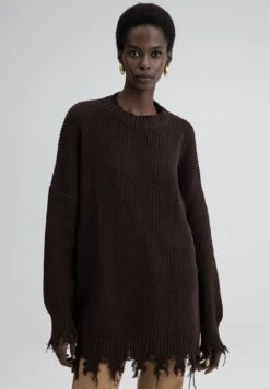 With Fringed Hem - Pullover - Brown