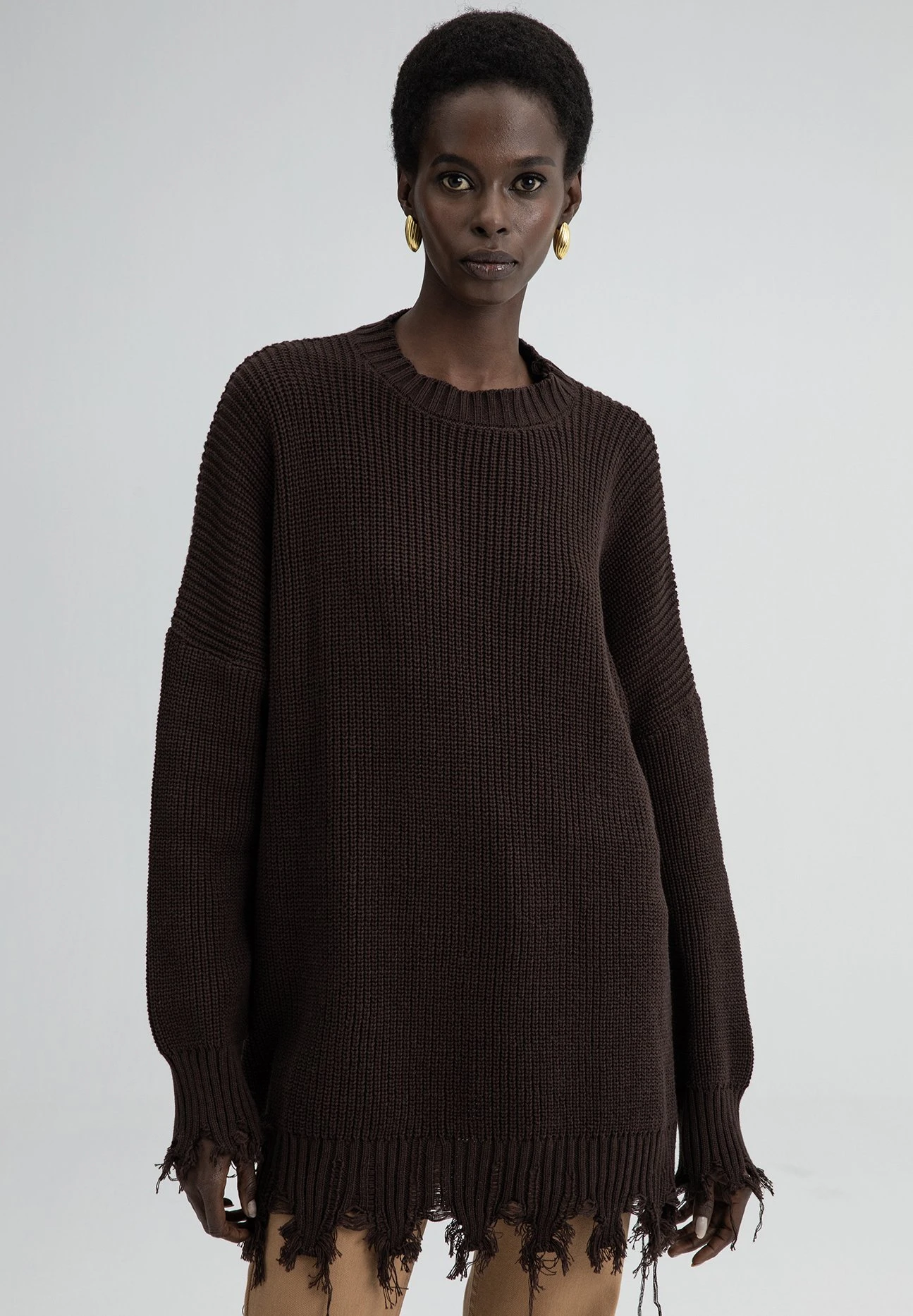 With Fringed Hem - Pullover - Brown 3 With Fringed Hem - Pullover - Brown