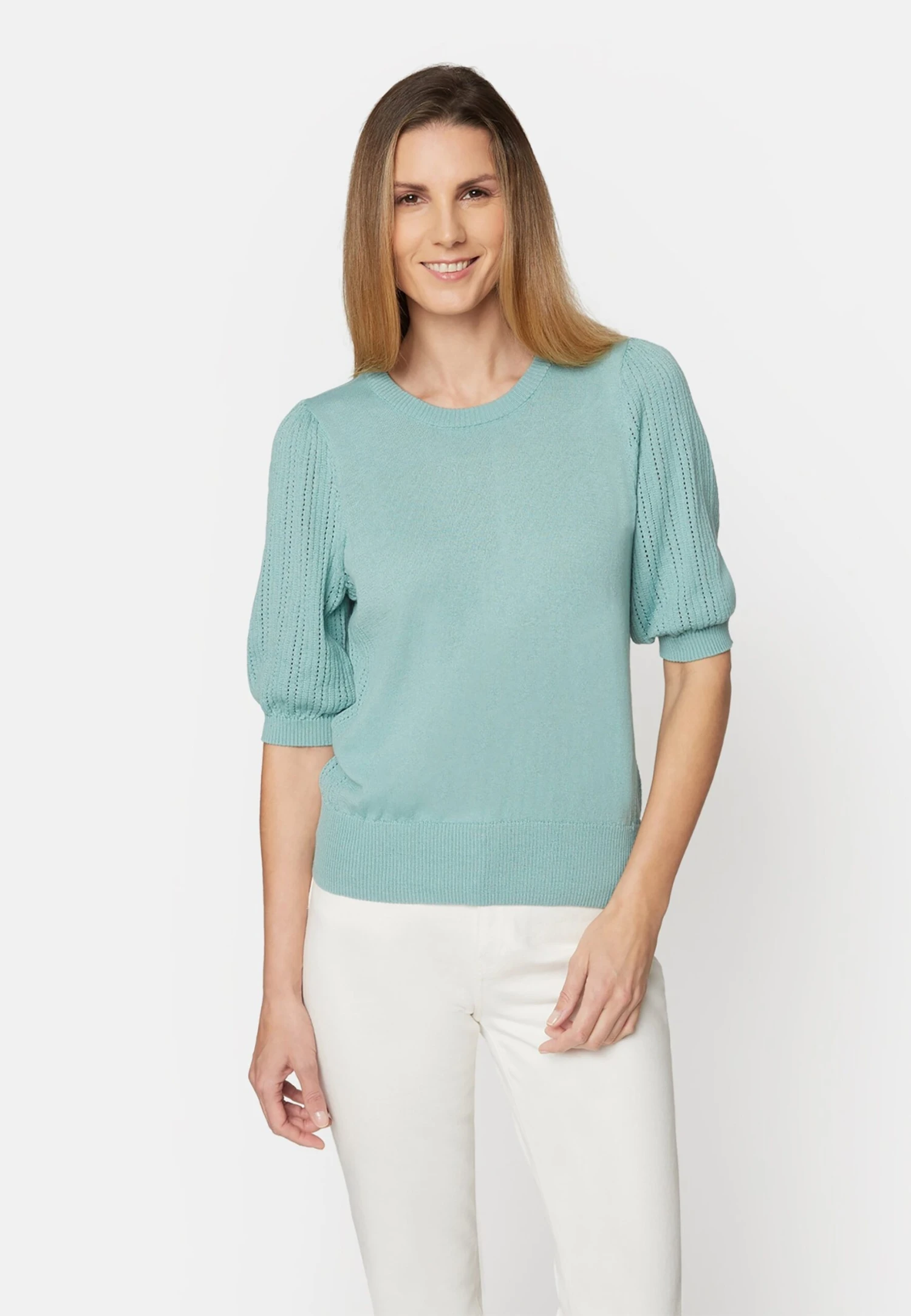 Puff Sleeve Round Neckline - Pullover - Sea Green 3 Puff Sleeve Round Neckline - Pullover - Sea Green