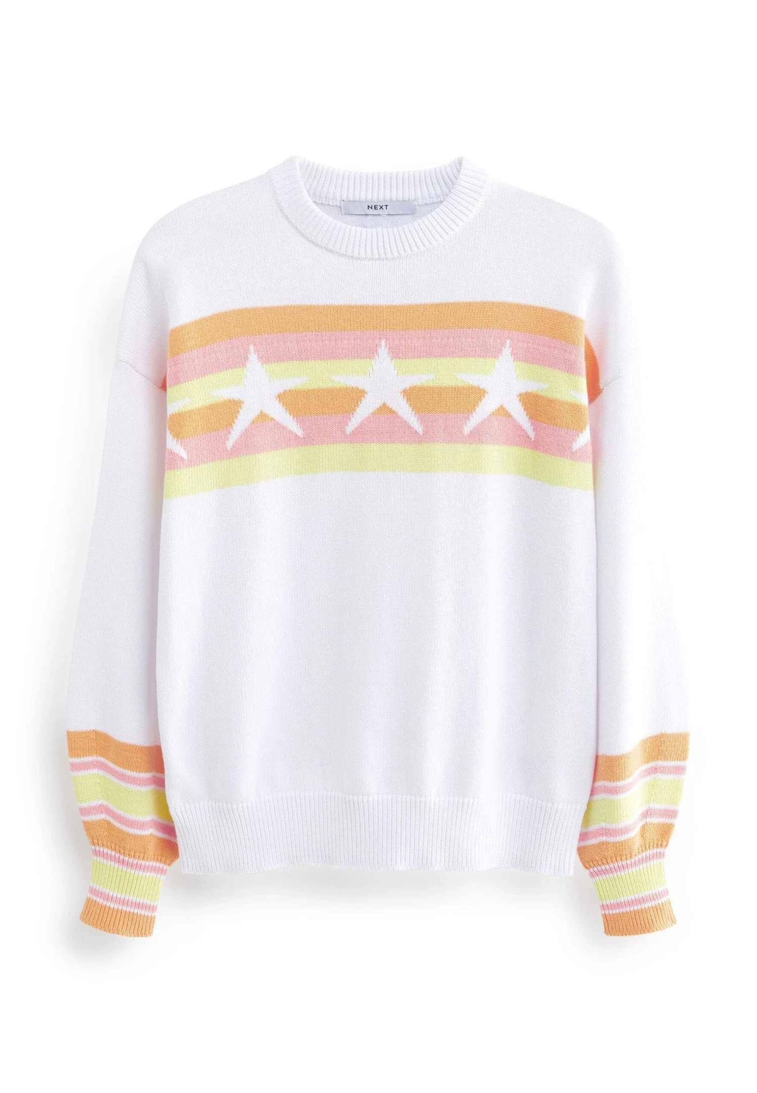 Next Fun Star Print Striped Crew Neck Standard - Pullover - White Fluro Orange 7 Next Fun Star Print Striped Crew Neck Standard - Pullover - White Fluro Orange – Image 5