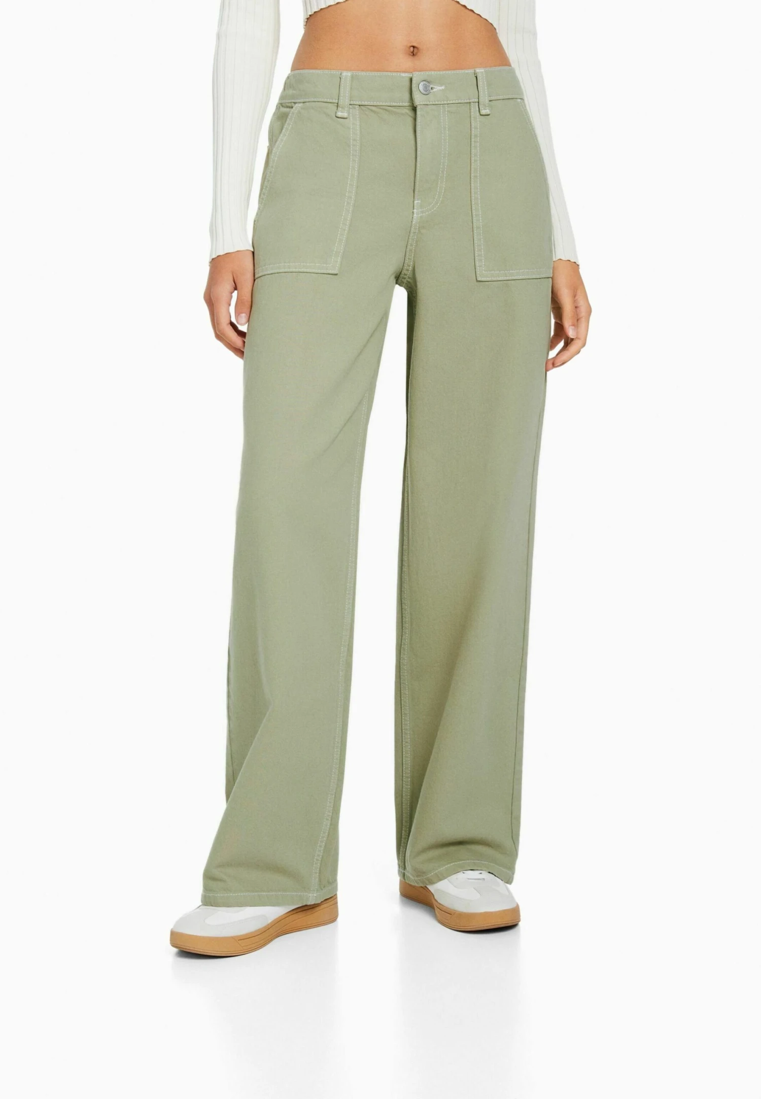 BERSHKA Elastic Waistband And Pocket - Jean Flare - Khaki 3 BERSHKA Elastic Waistband And Pocket - Jean Flare - Khaki