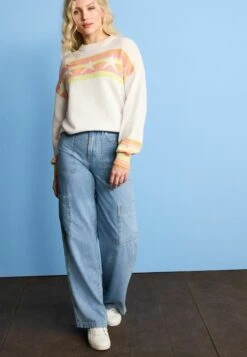 Next Fun Star Print Striped Crew Neck Standard - Pullover - White Fluro Orange