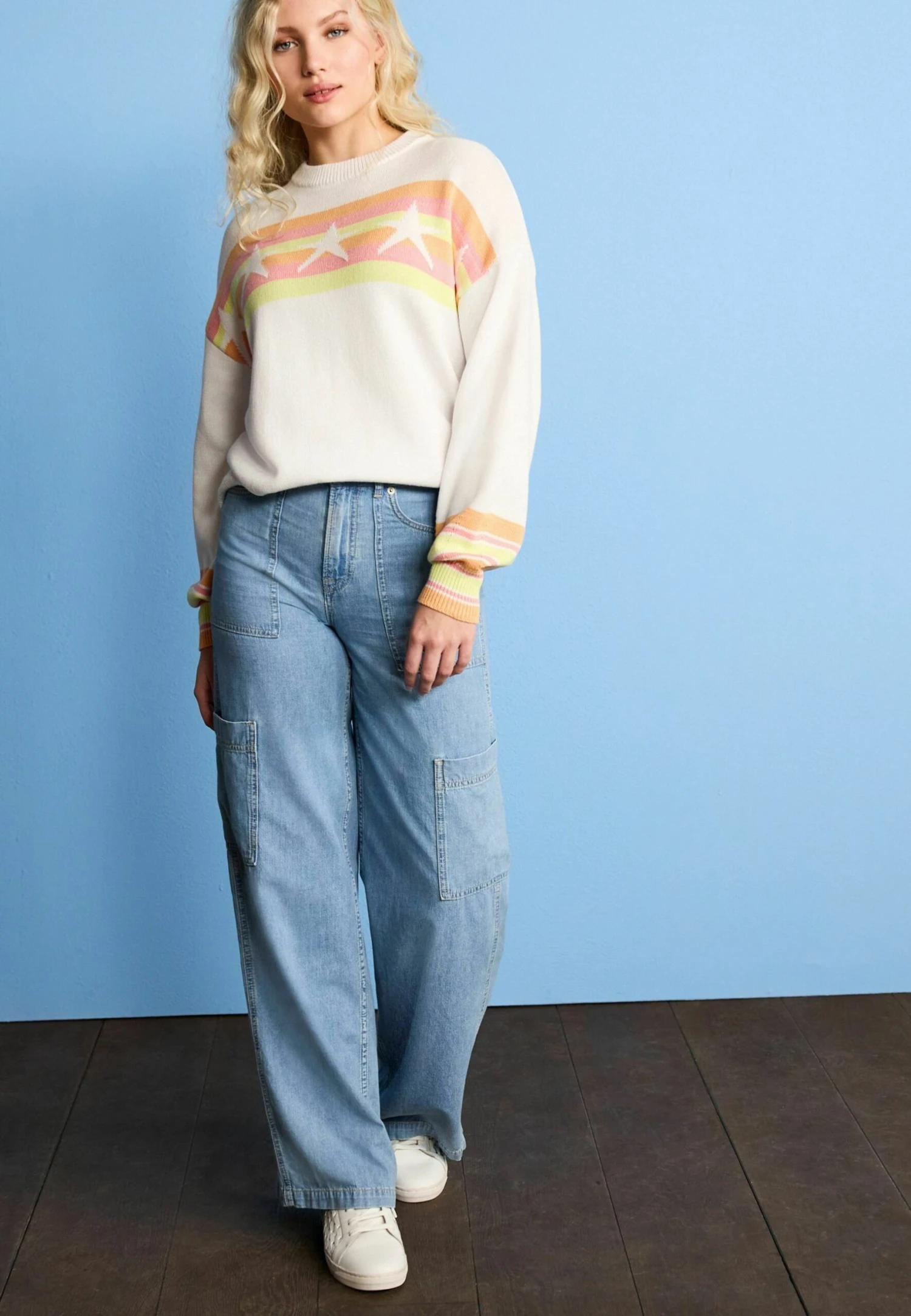 Next Fun Star Print Striped Crew Neck Standard - Pullover - White Fluro Orange 3 Next Fun Star Print Striped Crew Neck Standard - Pullover - White Fluro Orange