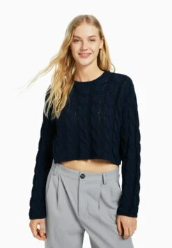 BERSHKA Cable-Round Neck - Pullover - Dark Blue