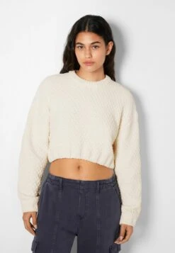 BERSHKA Textured Chenille - Pullover - Beige