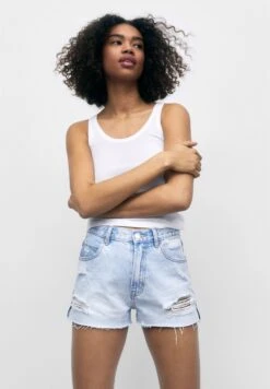 PULL & BEAR Mom-Fit - Short En Jean - Stone Blue Denim